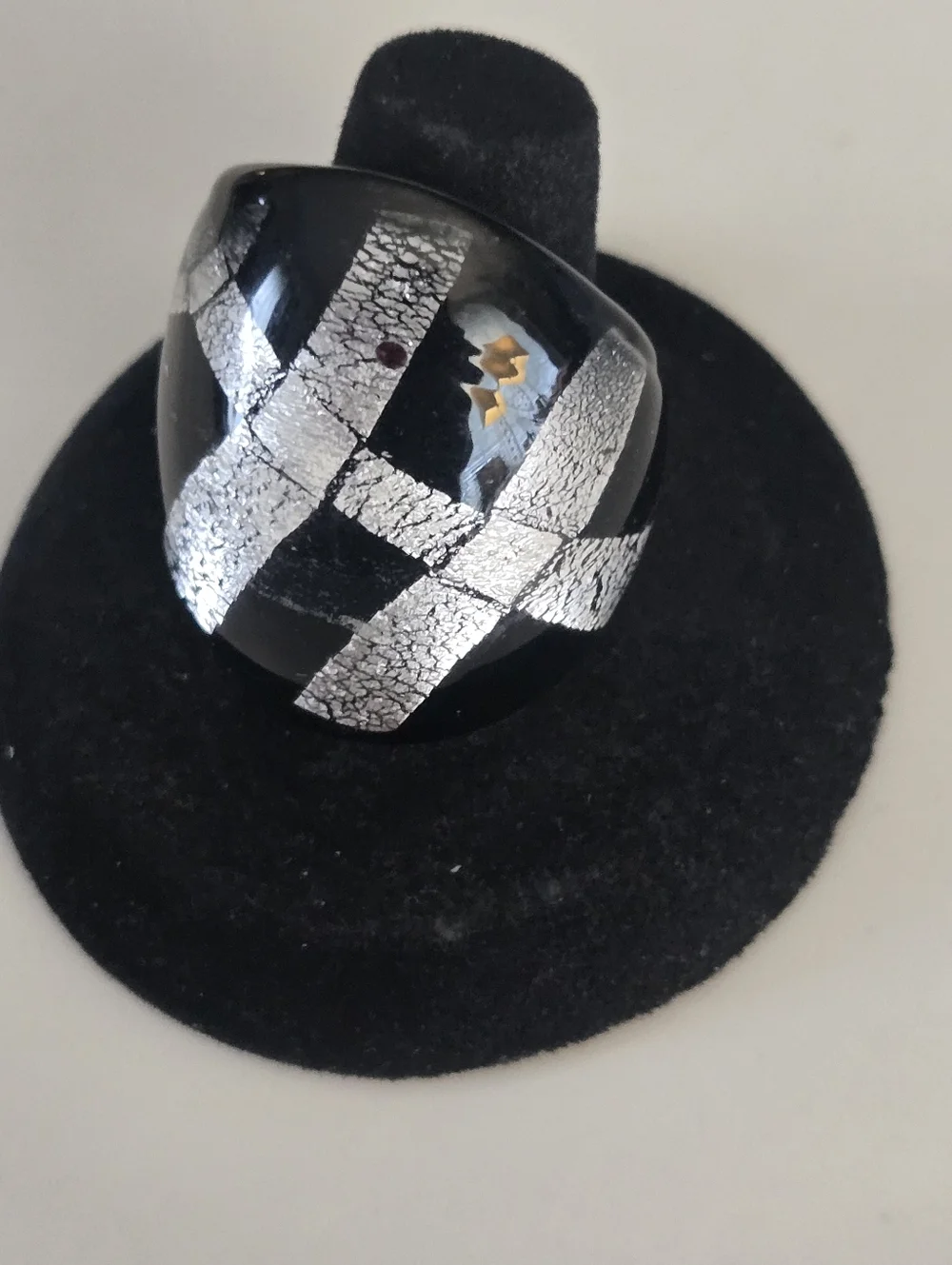 Chunky Black Silver Acrylic Statement Ring Size 7 Artisan Modern